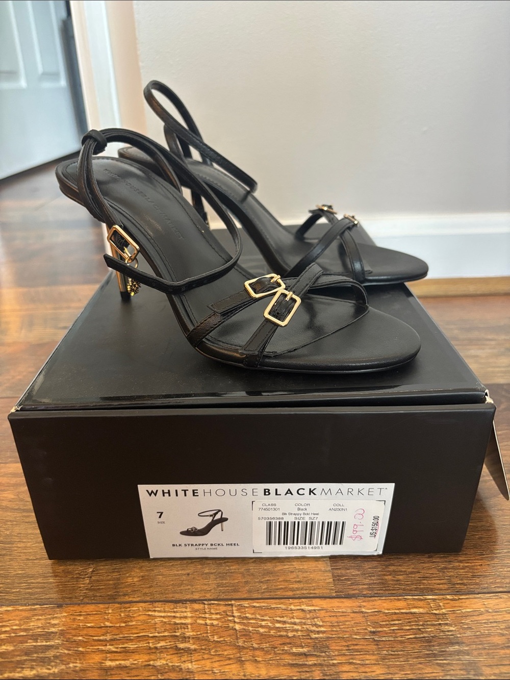 White House Black Market Black Strappy Heeled Sandals with Metallic Accent